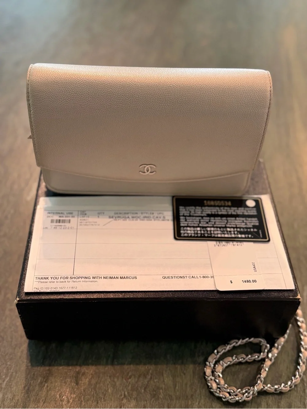 CHANEL Silver Caviar Leather Crossbody Wallet with Silver Chain